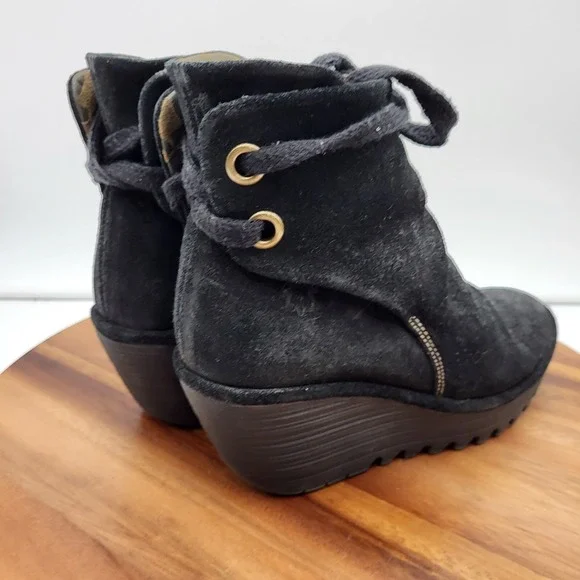 Fly London Ankle Boot Womens 7.5 / 8 Yama Black Suede Wedge Lace-up Back Booties - Picture 11 of 16
